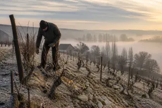 Vigneron pruning dormant vines on a steep frosty hillside at dawn in Bergerac, with rows of vines, clay-limestone soil, and fog in the winter light.
