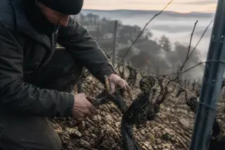 Vigneron taillant une vigne au petit matin d'hiver sur un coteau argilo-calcaire, mains terreuses, atmosphère brumeuse